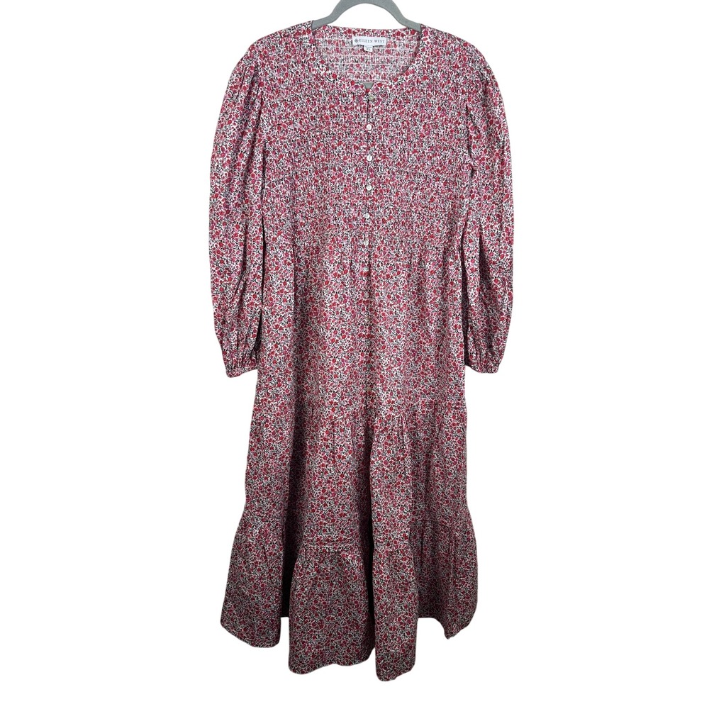 Eileen West Midi Dress Women XS Red Excellent Smocked Tiered Floral Cotton 2967